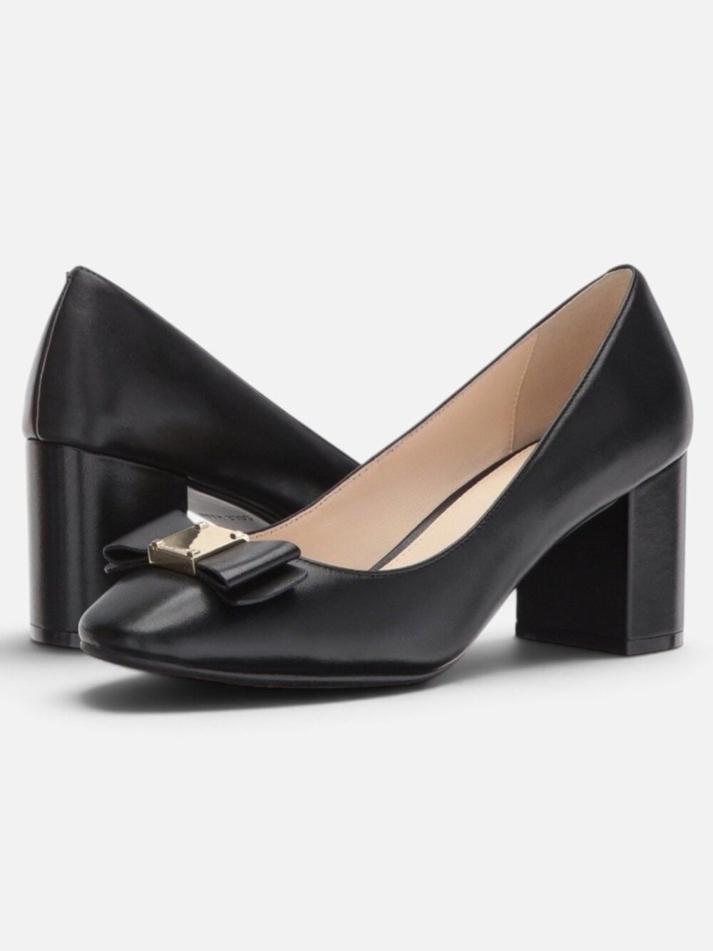 Cole Haan Tali Bow Pump Heel Black Leather Block Heel Womens 10